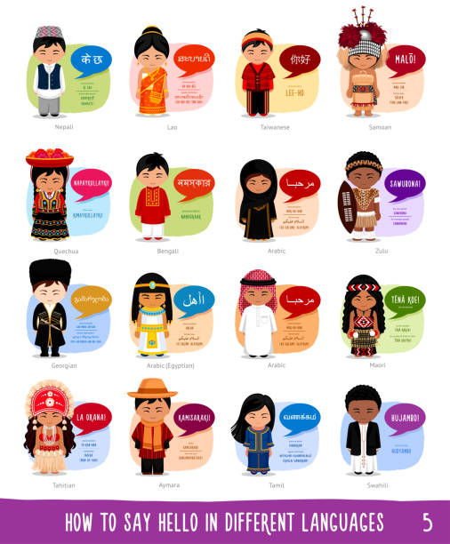 Cartoon characters saying hello in different languages. Girls and boys in national clothes. quecha indian stock illustrations