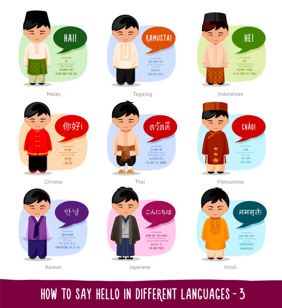 Hello in foreign languages. Cartoon boys with speech bubbles. Template for dictionary. Vector flat illustration. filipino ethnicity stock illustrations