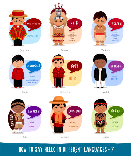 Hello in foreign languages. Cartoon boys with speech bubbles. Template for the dictionary. Vector flat illustration. quecha indian stock illustrations