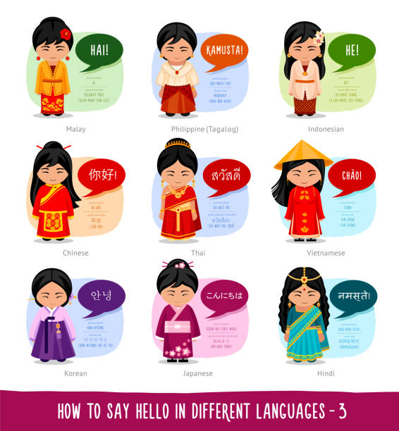 Hello in foreign languages. Cartoon characters with speech bubbles. Vector flat illustration. thai traditional costume stock illustrations