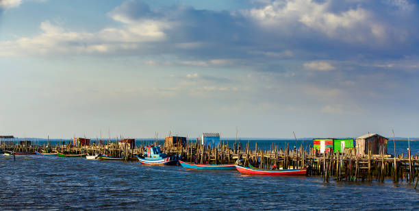 Pier with Colorful Fishing Boats and Sheds at Porto Palafitico, Carrasqueira, Portugal Pier with colorful fishing boats and sheds at Porto Palafitico, Carrasqueira, Portugal troia stock pictures, royalty-free photos & images