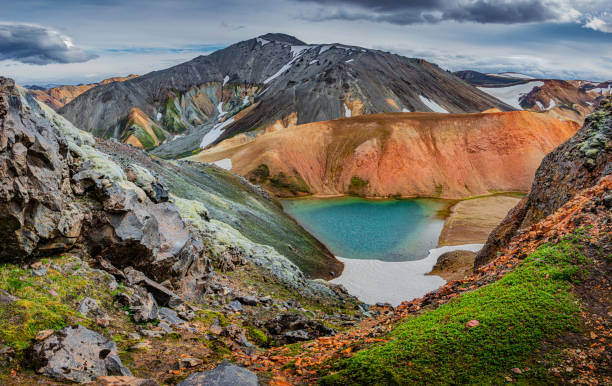 Panoramic view of colorful rhyolite volcanic mountains Landmannalaugar as pure wilderness in Iceland and a hidden highland lake, Iceland stock photo