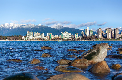 English Bay beach and downtown Vancouver low angle view from Kitsilano beach
