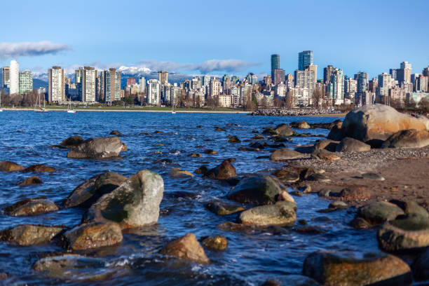 Downtown Vancouver low angle view from Kitsilano beach Downtown Vancouver low angle view from Kitsilano beach beach english bay vancouver skyline stock pictures, royalty-free photos & images