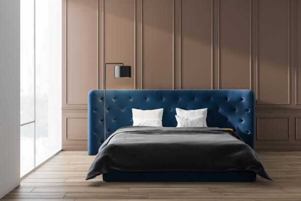 istock Beige bedroom interior with blue bed 1157225527