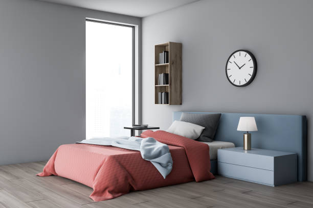 istock Gray bedroom corner with shelf and clock 1157225571