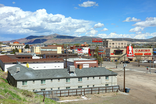 Elko, Nevada, USA - April 25, 2019: Daytime view of the downtown business district in the largest city in and county seat of Elko County