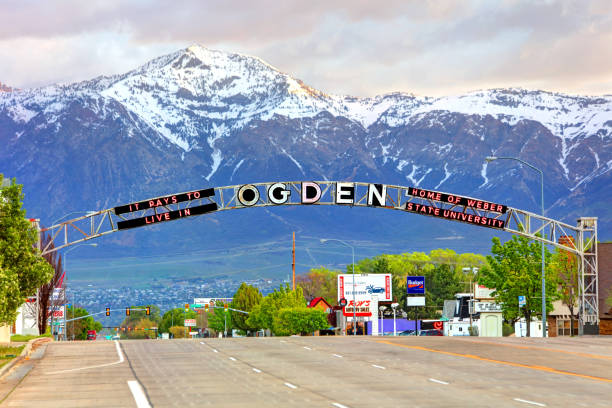 Ogden, Utah Ogden, Utah, USA - April 28, 2019: Daytime of the Ogden welcome sign looking north on Washington Blvd ogden utah photos stock pictures, royalty-free photos & images