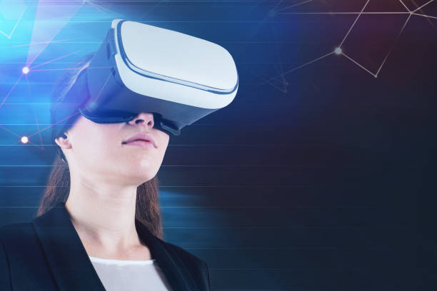 istock Businesswoman in VR goggles, network interface 1157225813