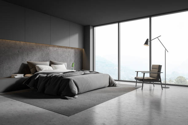istock Panoramic gray and stone bedroom interior 1157225929