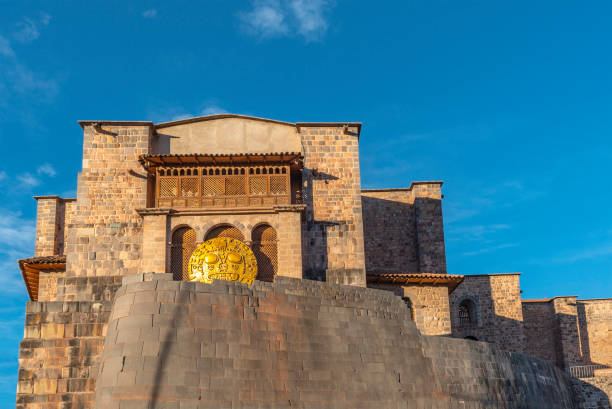 Temple of the Sun, Cusco, Peru The inca temple of the sun or "Qorikancha" in Cusco city during Inti Raymi, hence the solar disk. The building is also the Santo Domingo convent, Cusco, Peru. inti raymi stock pictures, royalty-free photos & images