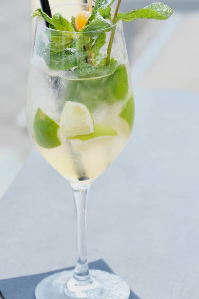 close up photo of summer cocktail Hugo on a restaurant table in Germany