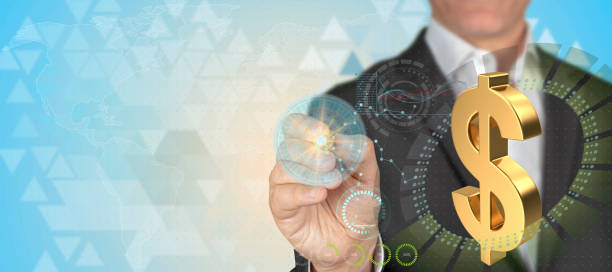 istock Businessman pointing 3D gold dolar sign object with pen in HUD design technological background with copy space 1157234088