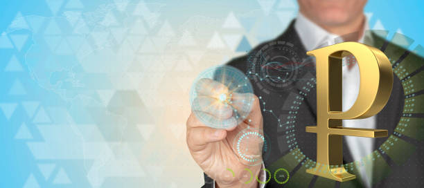 istock Businessman pointing 3D gold ruble sign object with pen in HUD design technological background with copy space 1157234197