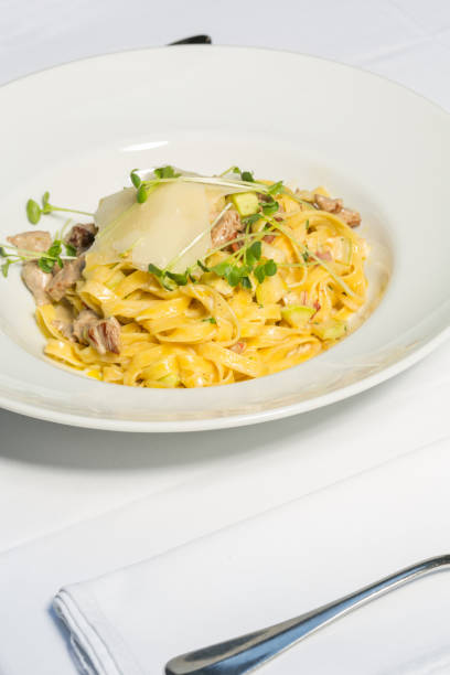 istock Tagliatelle pasta with cheese and chicken meat served on a white plate 1157246944
