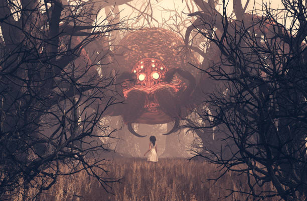 Girl looking at giant spider in creepy forest,3d rendering