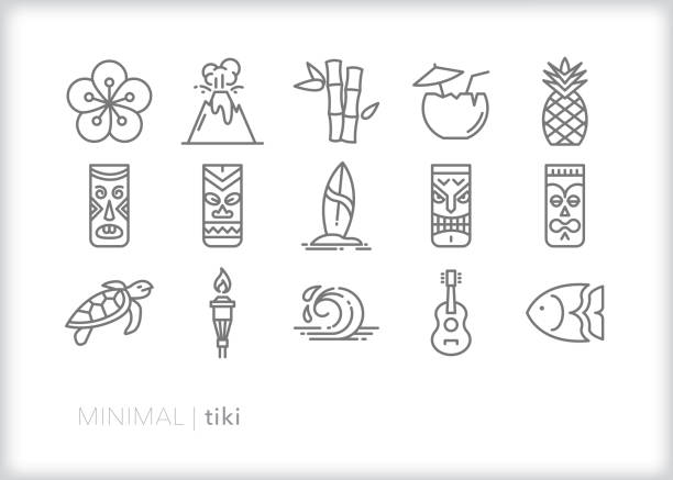 Tiki party line icon set Set of 15 tiki line icons for a Hawaiian or Polynesian party or tiki-themed bar including tiki mugs, tiki faces, surf board, tiki torch, flowers, volcano, bamboo, coconut drink, pineapple, tropical fish, ukulele and ocean wave. tiki stock illustrations