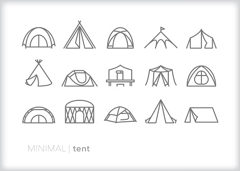 Set of 15 tent line icons for traveling, vacation, camping, summer camp, or recreational living