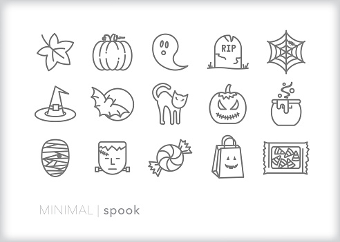 Set of 15 Halloween line icons for celebrating trick or treating including candy, pumpkin, jack-o-lantern, witch, cat, ghost, gravestone, spiderweb, mummy, bat and more.
