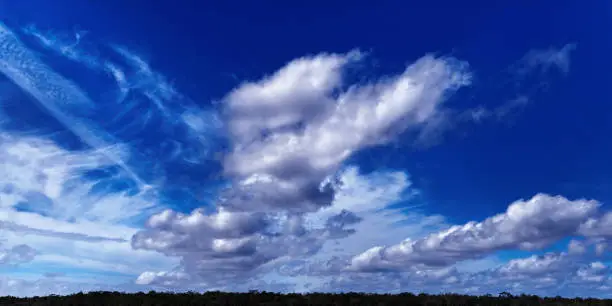 A Vibrant atmospheric cloudy sky cloudscape with white coloured cumulonimbus  cloud formation in a vivid blue sky. Beauty in nature. New South Wales, Australia.
