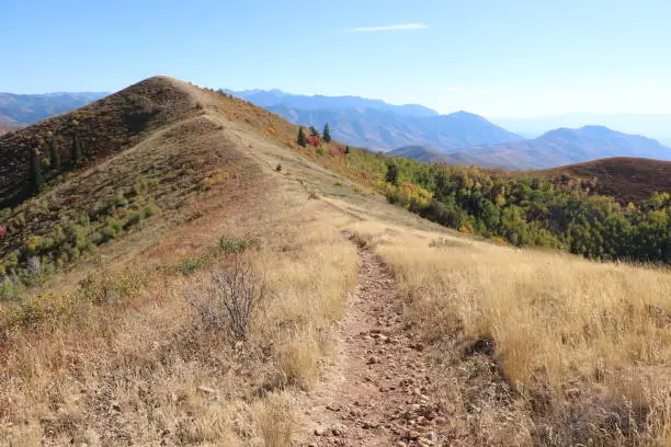 The trail crosses the spine of the ridge in East Canyon at the Wasatch Mountains near Morgan, Utah.
