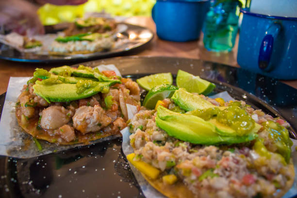 Toast of fish ceviche, a common dish in the Mexican Pacific commonly called in Mexico Tostada de Ceviche stock photo