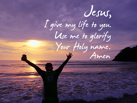 I give my life to Jesus quote design for Christianity with a man worshiping Him  to encourage, daily inspiration and  motivation.