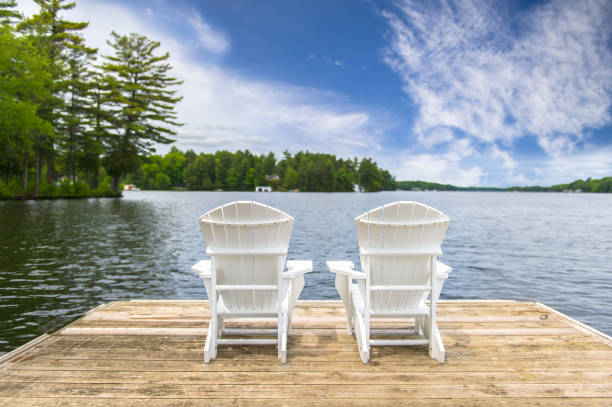 istock White Muskoka chairs on a dock overlooking a lake 1157270417