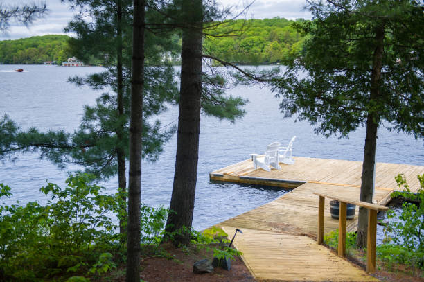 istock White Muskoka chairs on a dock overlooking a lake 1157270538