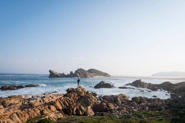 istock Man standing on rocky coastline at beach 1157270774