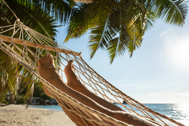 istock Woman's Feet On Hammock Hanging On Palm Tree 1157270939