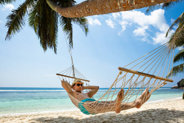 istock Young Man Relaxing On Hammock At Beach 1157272928