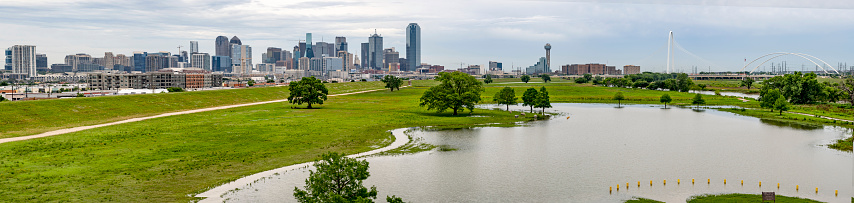 Dallas with flooded Trinity river in May