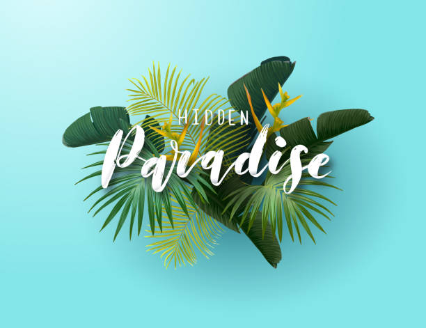Summer tropical vector design for poster, banner or advertisment with exotic green palm leaves, flowers and handlettering on the bright background.