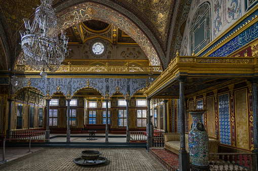 The luxurious and beautifully decorated Throne Room of Topkapi Palace harem. Istanbul, Turkey, October 2018