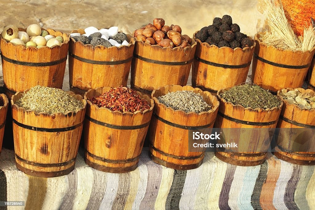 Spice market Buckets full of various spices ready for selling Africa Stock Photo