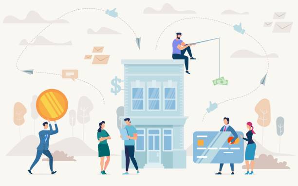 Loan on Business Purposes Flat Vector Concept Consumer Loan, Financing Small Business, Startup Investment Flat Vector Concept. Entrepreneur with Tablet Standing near Bank Building, Banker and Financial Advisers Trying to Catch Client Illustration banking illustrations stock illustrations