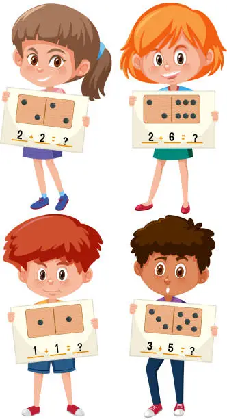 Vector illustration of Set of children holding math worksheet