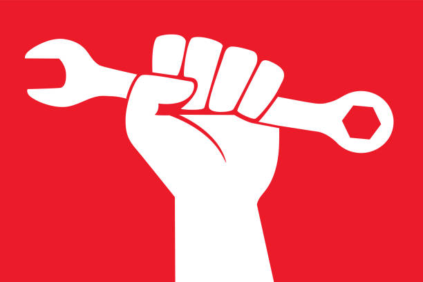 концепция борьбы рабочего мира за получение льгот с поднятым кулаком. - ohtani stock illustrations