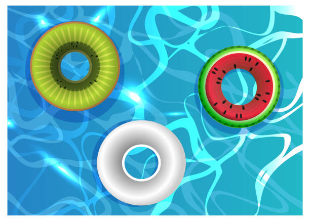 schwimmbad mit bunten schwimmern aufblasbare ringe - inflatable inner tube toy life belt stock-grafiken, -clipart, -cartoons und -symbole