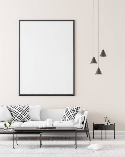 istock Mock up poster frame in Scandinavian style interior with sofa. Minimalist interior design. 3D illustration. 1157290263