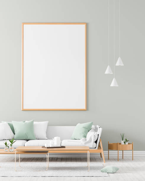 istock Mock up poster frame in Scandinavian style interior with sofa. Minimalist interior design. 3D illustration. 1157290365