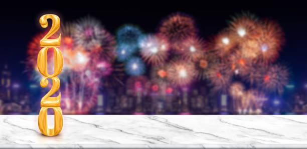 Happy new year 2020 (3d rendering) fireworks over cityscape at night with empty white marble table,Banner mock up template for display or montage of product for holiday promotion advertising
