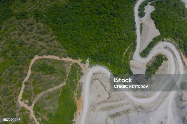 Aerial View Of Stone Quarry And Road In Mountain Stock Photo - Download Image Now - Metal Ore, Uranium, Uranium Mine