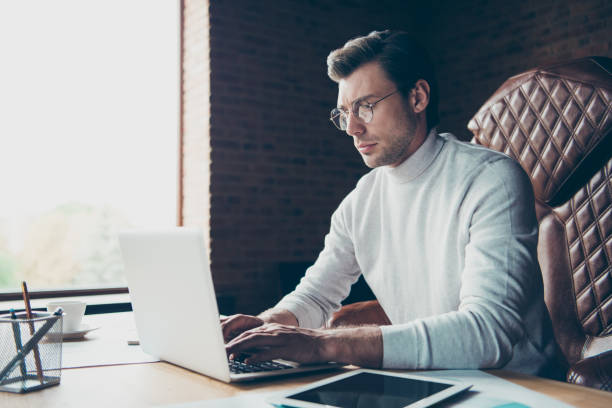 istock Profile side view portrait of nice skilled experienced attractive content shark partner consultant remote freelancer creating presentation at industrial loft brick style interior work place station 1157291816