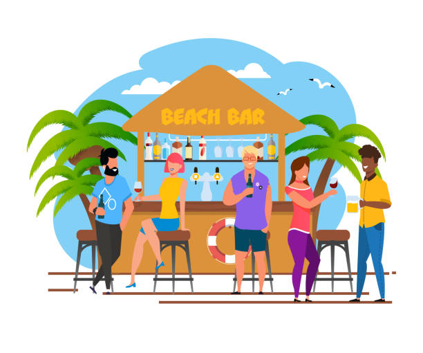 Tourists Group Having Rest at Beach Bar Cartoon Tourists Group Having Rest at Beach Bar Cartoon. Vacation in Southern Country. Relaxing with Alcoholic Drinks Visitors, Bartender Vector Illustration. Summer Recreation on Tropical Coast beach bar stock illustrations