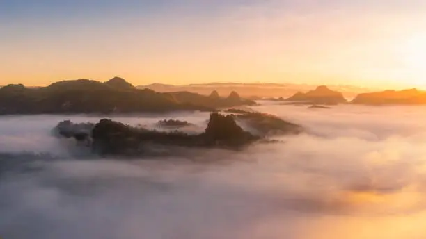 Photo of Panoramic mountain landscape and mist.