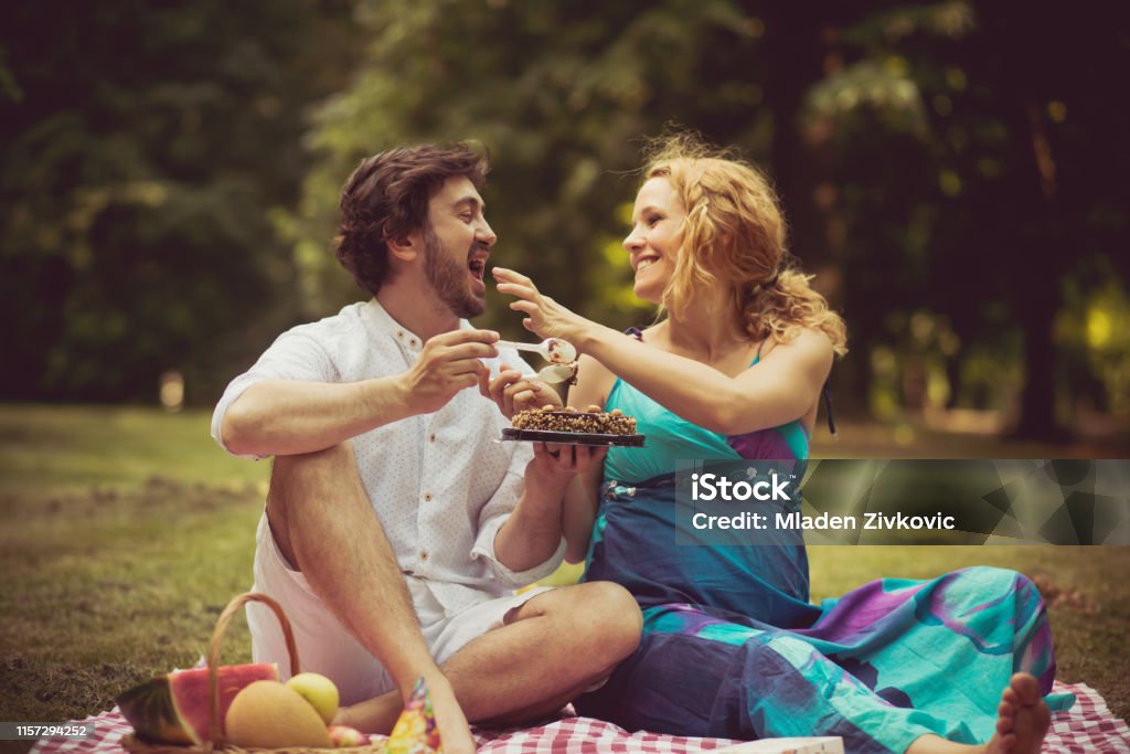 Best birthday ever. Best birthday ever. Couple in a meadow with a birthday cake. Abdomen Stock Photo