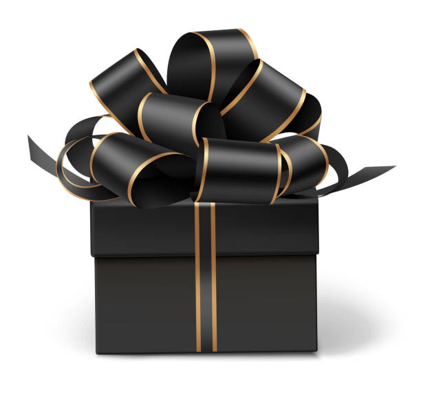 ilustraciones, imágenes clip art, dibujos animados e iconos de stock de caja de regalo negra decorativa con lazo negro aislado en blanco para diseño de venta de viernes negro. - black ribbon gift bow