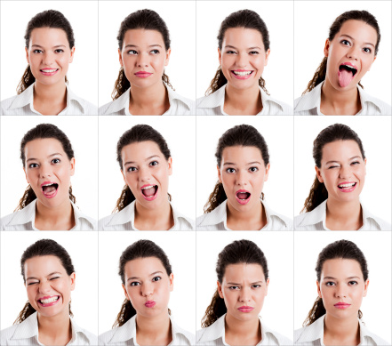 Collage of the same woman making diferent expressions